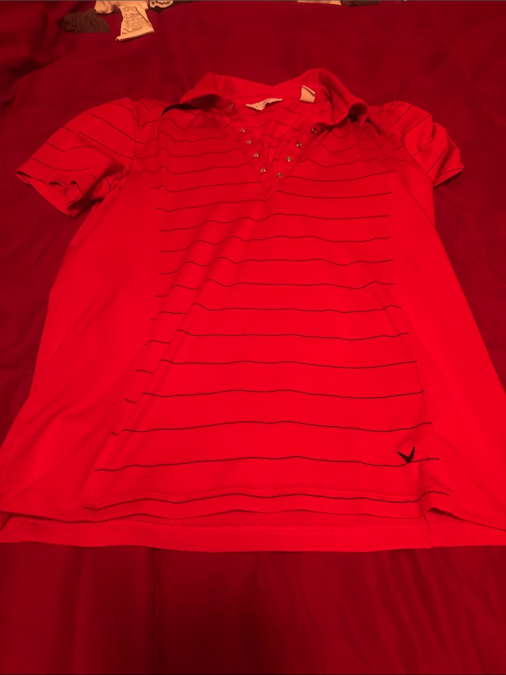 Women's Callaway Red Striped V-Neck Polo with Snap Details